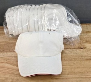 lot 21B image: 12 Brand New Advantage Series Ltd. White with Red Velcro Back Hats OSFM A
