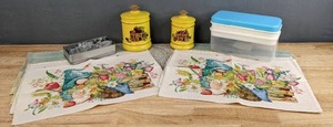 lot 144 image: Kitchen Wares (8) New Placemats, New Cookie Cutters Set with Tin, New Ice Cube Tray with Container, Pair of Vintage Yellow Kromex Containers F