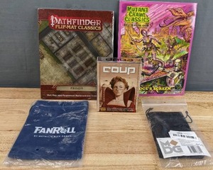 lot 68C image: Gaming Lot Coup Card Game, Pathfinder Flip Mat Classics (Prison), Mutant Crawl Classics Role Playing Game (Judges Screen), (2) Dice Bags F
