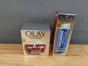 lot 70D image: Brand New Olay Skincare Regenerist Whip Facial Moisturizer with SPF 25 Sun Protection and Olay Hyaluronic  Peptide 24 Face Moisturizer, SPF 30 Sun Protection for All Skin L