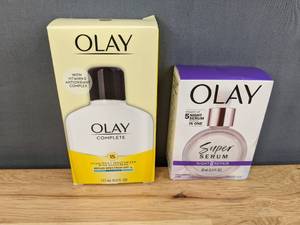 lot 12D image: Brand New Olay Skincare Complete Daily Facial Moisturizer for Sensitive Skin, SPF 15, 6 fl oz and Olay Skincare Night Super Serum 5-in-1 Anti-Aging Facial Serum, All Skin Types, 1.0 fl oz L