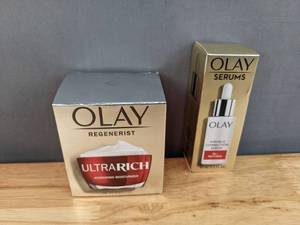 lot 8D image: Brand New Olay Regenerist Ultra Rich Face Moisturizer, Everyday Care for All Skin Types, 1.7 oz and Olay Wrinkle Correction Serum with Vitamin B3 Collagen Peptides, 1.3 fl oz L