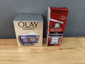 lot 32D image: Brand New Olay Skincare Regenerist Retinol 24 MAX Night Face Moisturizer, Anti-Aging Cream and LOreal Paris Revitalift Hyaluronic Acid Caffeine Serum L