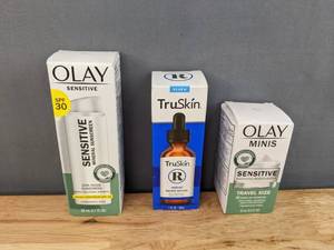 lot 36D image: Brand New Olay Sensitive Mineral Sunscreen SPF 30 Face Moisturizer, TruSkin Retinol Serum for Face  Gentle Anti-Aging Serum and Olay Sensitive Soothing Face Moisturizer, Trial Size L