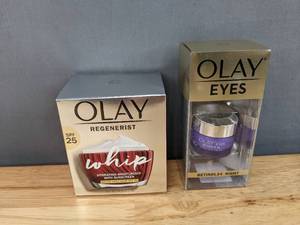 lot 28D image: Brand New Olay Skincare Regenerist Whip Facial Moisturizer with SPF 25 Sun Protection and Olay Retinol 24 Night Eye Cream, Fragrance-Free L