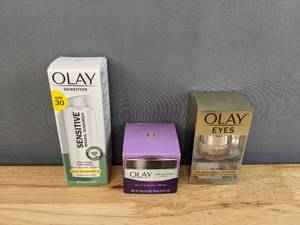 lot 24D image: Brand New Olay Sensitive Mineral Sunscreen SPF 30 Face Moisturizer, Olay Age Defying Classic Daily Renewal Cream, Face Moisturizer for Dull Combination Skin and Olay Skincare Ultimate Eye Cream for Wrinkles, Puffy Eyes  Dark Circles L