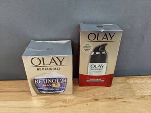 lot 44D image: Brand New Olay Skincare Regenerist Retinol 24 MAX Night Face Moisturizer, Anti-Aging Cream and Olay Age Defying Anti-Wrinkle 2-in-1 Day Cream Plus Face Serum  L