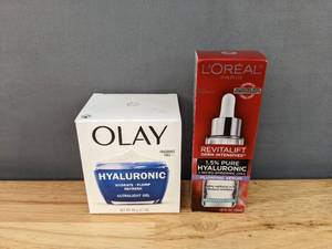 lot 48D image: Brand New Olay Skincare Regenerist Hyaluronic Acid  Peptide 24 Gel All Facial Moisturizer and LOreal Paris Revitalift Pure Hyaluronic Acid Serum L
