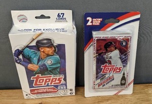 lot 34B image: Brand New 2023 Topps MLB Baseball Series One Hanger Box with a 67 Card Cello Pack and 2021 Topps MLB Baseball UK Edition 2-Pack Cards  I