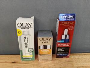 lot 20D image: Brand New Olay Sensitive Mineral Sunscreen SPF 30 Face Moisturizer, Olay Vitamin C  Peptide 24 Eye Cream and LOreal Paris Revitalift Night Serum with Pure Retinol Serum L