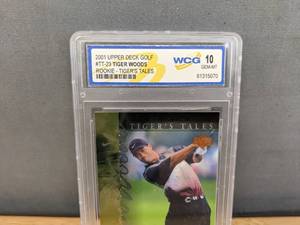 lot 38B image: WCG Graded 10 Tiger Woods 2001 Upper Deck Golf Rookie Tigers Tales Card #TT23 V