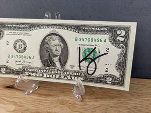 lot 49A image: Actress Kristen Wiig Autographed $2 Bill Real Money Currency SNL Brides Maids Movies I