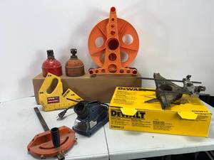 lot 338 image: CORD WHEEL, VINTAGE FLARES, DRILL DR. 350, DEWALT PARALLEL FENCE, MITER, GAUGES
