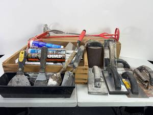 lot 342 image: VARIOUS CAULKS, DRYWALL TROWELS, SANDERS, METAL PAINT STIRS