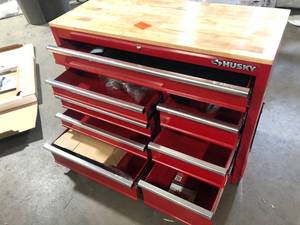 Husky 42 in. W x 18.1 in. D 8-Drawer Red Mobile Workbench Cabinet with Solid Wood Top Customer Returns See Pictures
