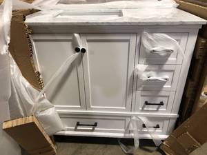 Home Decorators Collection Merryfield 37 in. Single Sink Freestanding White Bath Vanity with White Carrara Marble Top   Customer  Returns See Pictures