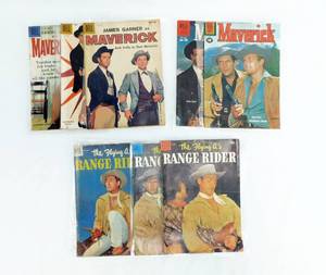 lot 25 image: Lot of 8 Vintage Dell Comic Books Including James Garner as Maverick, Maverick and The Flying As Riange Rider