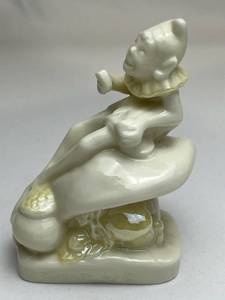 lot 25 image: Vintage Belleek Pixie Gnome Irish Leprechaun on Mushroom Fine Bone China - 4.25 Tall