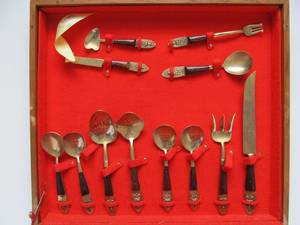 lot 48 image: LARGE Set of Vintage Brass & Rosewood Flatware wStorage Case