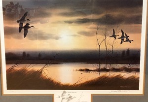 lot 188 image: Framed Signed Numbered JERRY RAEDEKE Wildlife Print wDucks - Silent Sunrise