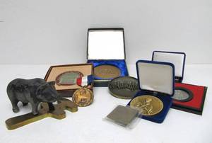 lot 139 image: Group of Assorted Medallions Medals & Cast Iron Pig