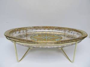 lot 149 image: Mid Century Pyrex Georges Briard Design Gold Turquoise Blue Starburst Oval Glass Serving Platter With Cradle 18
