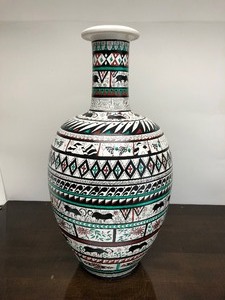 lot 245 image: LARGE Signed Vintage Hand Painted Terra Cotta Vase - Turkey 