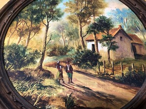 lot 288 image: Framed Signed Vintage Round Oil on Canvas Painting