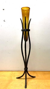 lot 310 image: Large Heavy Iron Flower Stand wAmber Crackle Glass Vase