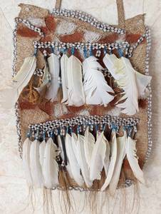 Asmat Woven Fiber Bag with Feather and Bead Accents