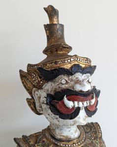 Antique Male Khon Drama Figurine with Demon Mask Painted and Embellished Wood Sculpture from Thailand