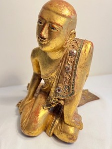 Antique Gilt Wood Hand Carved Burmese Wooden Seated Sariputra Buddha Monk