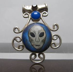 Very Cool Larger Sterling Silver Pendant wHand Painted Alien Face