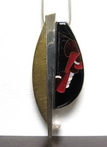 Fantastic Signed Modernist Cloisonne 22K Gold &amp Sterling Silver Pendant Necklace - Signed F. Kite