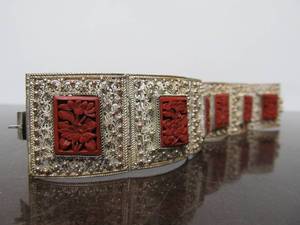 Ornate Signed Sterling Silver Oriental Box Bracelet wCarved Cinnabar Panels