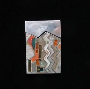Very Nice Large Signed Sterling Silver &amp Inlaid Mosaic Gemstone Brooch Pendant