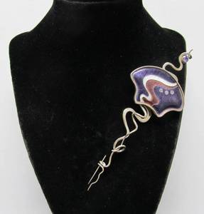 Large &amp Fantastic Signed Sterling Silver Amethyst &amp Enameled Sculptural Brooch Pin