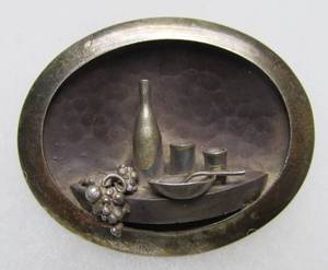 Signed Vintage Hammered Sterling Silver 3-Dimensional Still Life Brooch