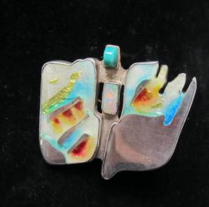 Sterling Silver &amp Enamel Sculptural Brooch Pendant wTurquoise &amp Opal