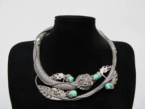 Awesome Vintage Sterling Silver &amp Turquoise Oriental Dragon Necklace