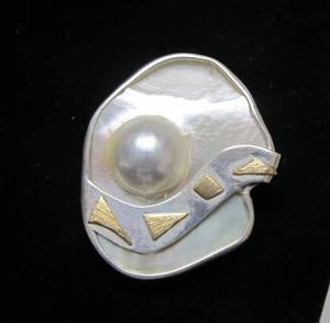 Signed Modernist Sterling Silver w 14K Gold &amp Pearl Brooch