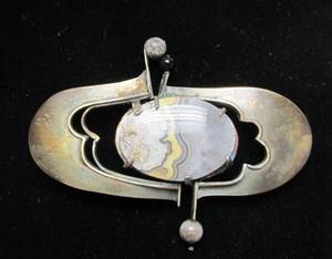 Excellent Signed Modernist Sterling Silver &amp Jasper Brooch