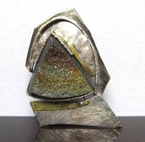 Wonderful Signed Sculptural Sterling Silver 14K Gold &amp Druzy Quartz Brooch