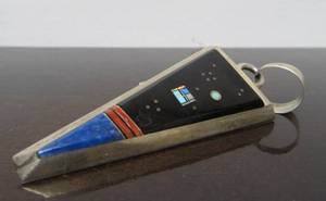 Signed Vintage Sterling Silver Inlaid Stone Navajo Pendant - Sign CC