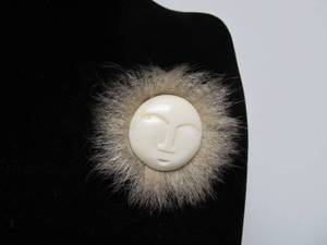 Very Nice Inuit Carved Bone Face Pendant wFur