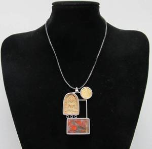 Excellent Sterling Silver &amp Jasper Mosaic Pendant Necklace wInset Stone Thai Buddha