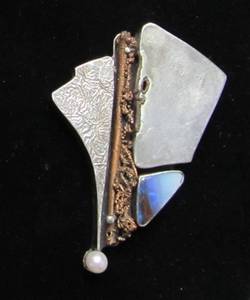 Sculptural Modernist Sterling Silver Brooch wBronze &amp Pearl