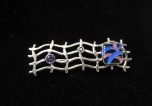 Signed Sterling Silver &amp Cloisonne Enamel wInset Amethyst Gemstones - Signed BW