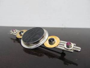 Excellent Modernist Sterling Silver Brooch wBlack on Black Cabochon &amp Inset Gemstones