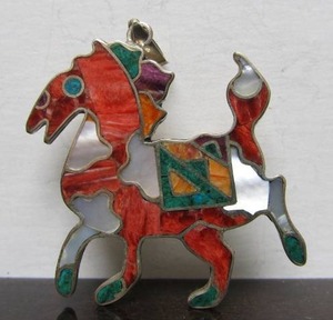Signed &amp Inlaid Sterling Silver Horse Pendant - Inkaikos - 950 Silver